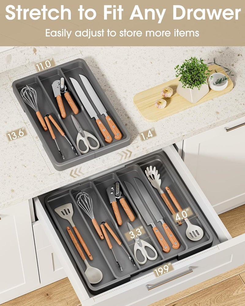 AUJEN Silverware Organizer - Expandable Kitchen Drawer Organizer, Adjustable Utensil Organizer, Cutlery Tray for Forks, Knives, Multipurpose Kitchen Organizers and Storage Solution, Grey, X-Large - Image 2